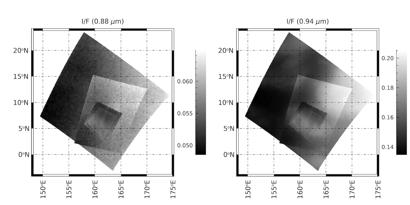 Fig1 : I/F mosaics of 4 overlapping cubes in an atmospheric band (left) and an atmospheric window (right).